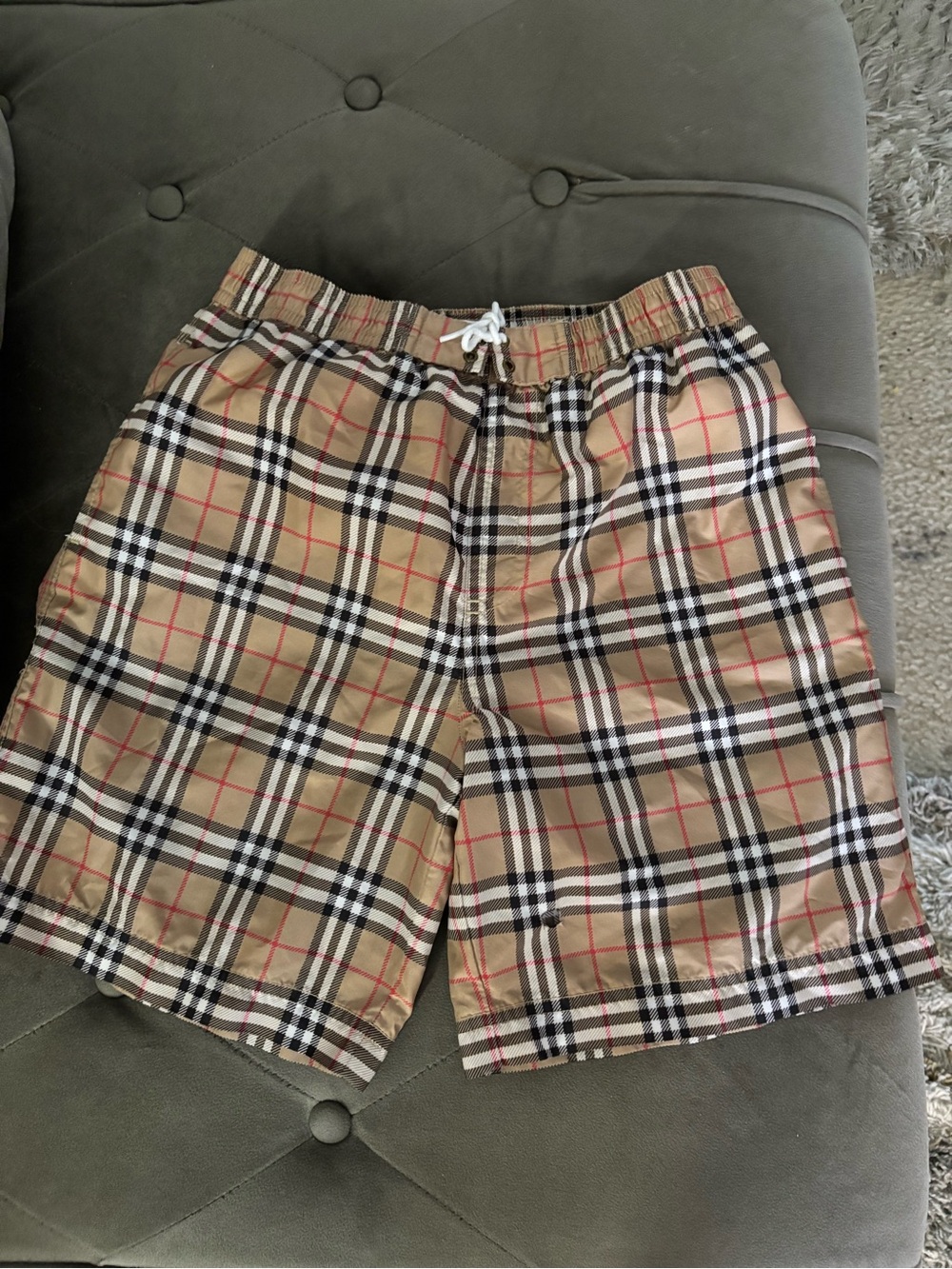 Burberry Beige Black White Red Plaid Kids Swim Trunks